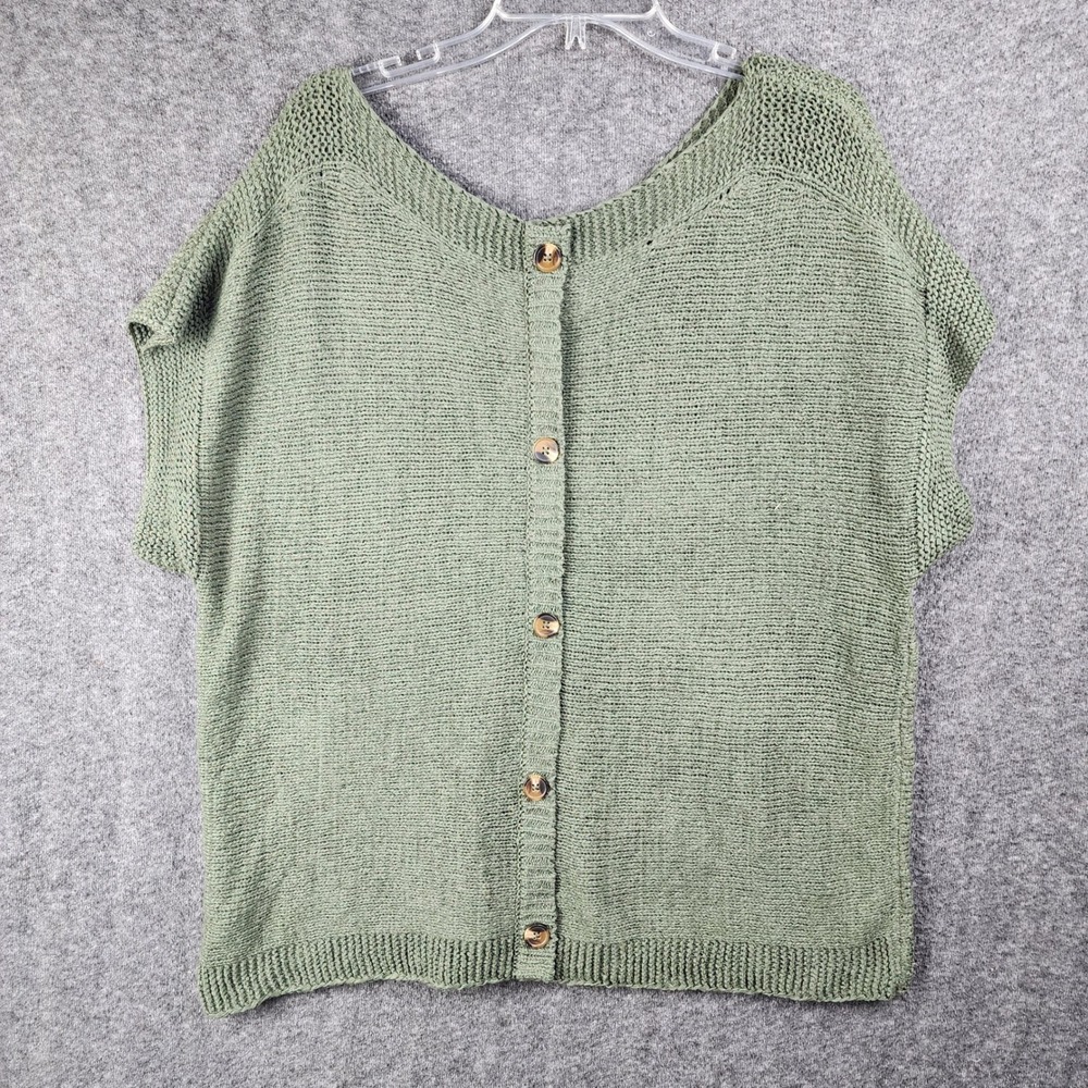 Cable & Gauge Knit Top Womens 1X Green Button Back Short Sleeve EUC
